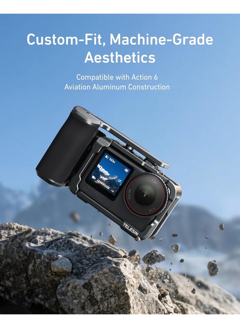 تيليسن طقم مقبض الشارع المعدني المصنوع من سبائك الألومنيوم من TELESIN لطائرة DJI Action 6، مزود بحامل مقبض كاميرا بقفص معدني وزر غالق متأرجح، وغطاء من سبائك الألومنيوم، وفتحة لبطاقة ذاكرة TF احتياطية، وإمكانية الوصول السريع إلى البطارية. - Image 5